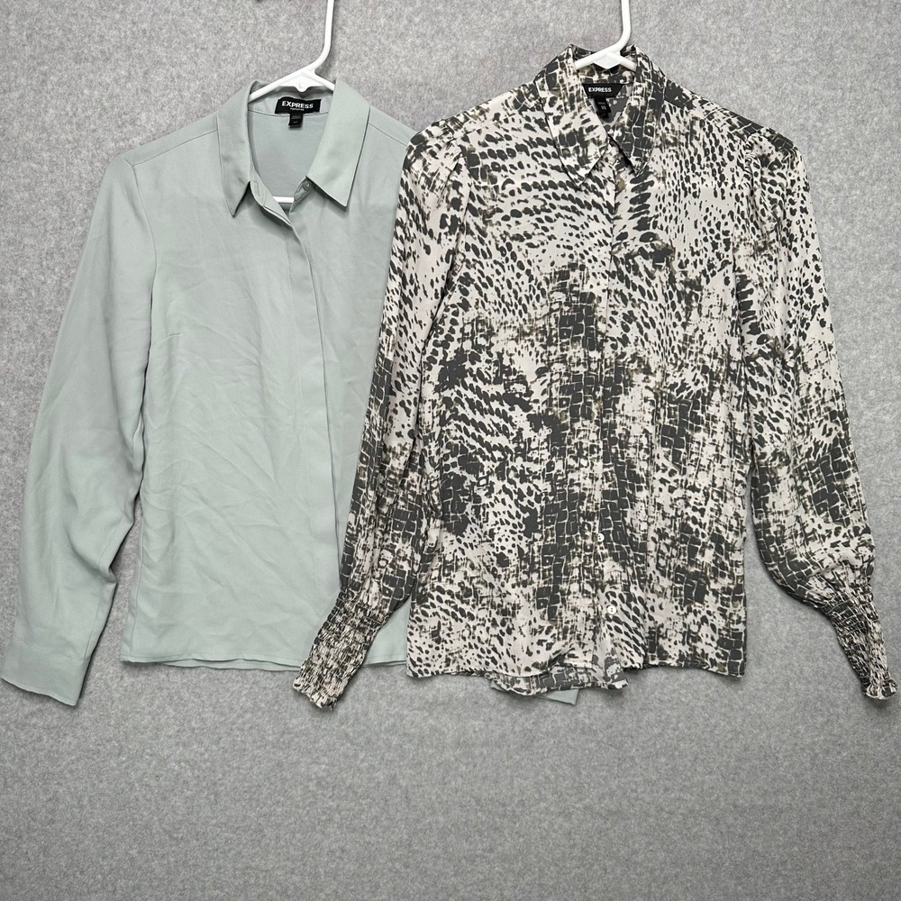 EXPRESS‎ Womens XXS Portofino Snakeskin Print & Pale Green Button Up Blouses x 2